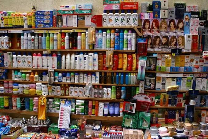 Real cosmetics shop display with beauty and personal-care stock