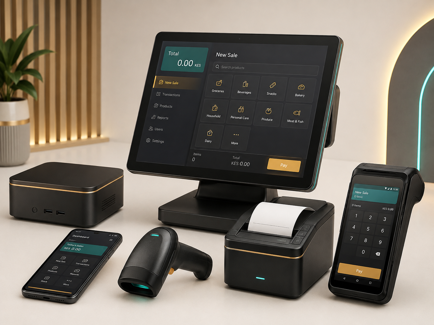 Nuvana Business running across POS devices, phone, scanner, and receipt printer